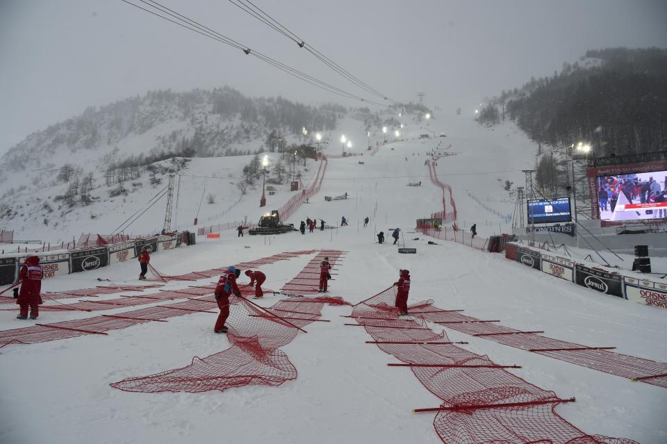 A view of the course after a men's World Cup slalom was cancelled due to bad weather in Val D'Isere, France, Sunday, Dec. 9, 2018. (AP Photo/Marco Tacca)