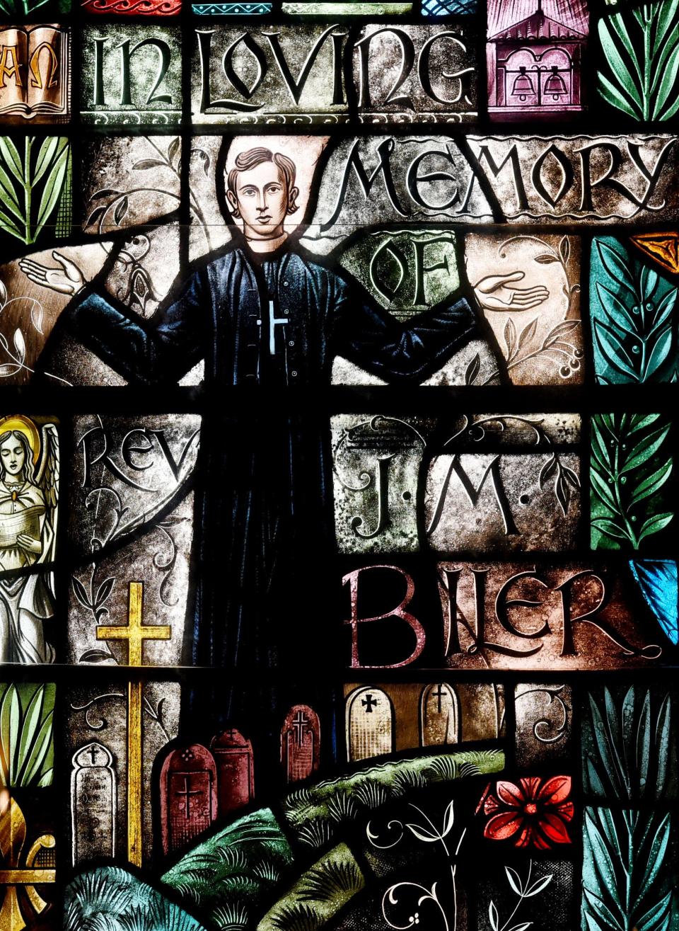 The Rev. Jean Marie Biler depicted in the stained glass window at Holy Trinity, is one of the five priests who died from yellow fever in Shreveport.