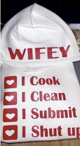 An apron with "WIFEY" and checklist including cooking, cleaning, submitting, and staying quiet