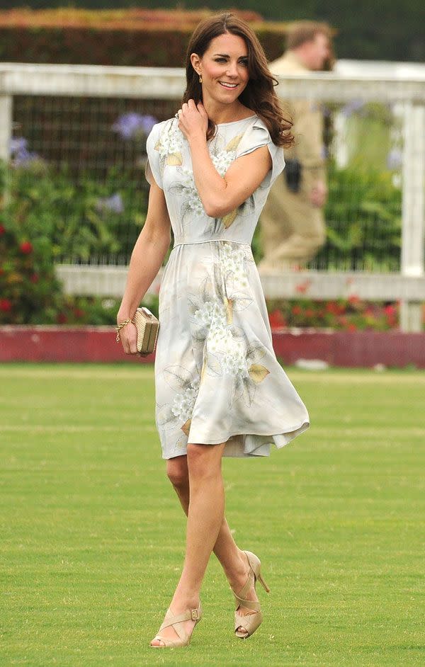 <p>In a Jenny Packham dress and L. K. Bennett shoes at a match at the Santa Barbara Polo and Racquet Club</p>