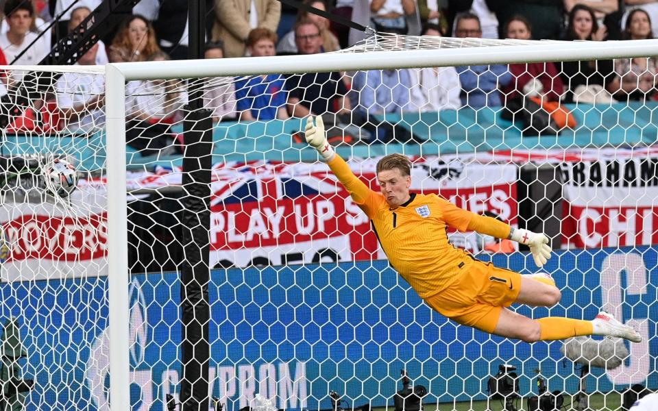 England's Jordan Pickford after Denmark's Mikkel Damsgaard scores their first goal Pool via  - REUTERS/Justin Tallis