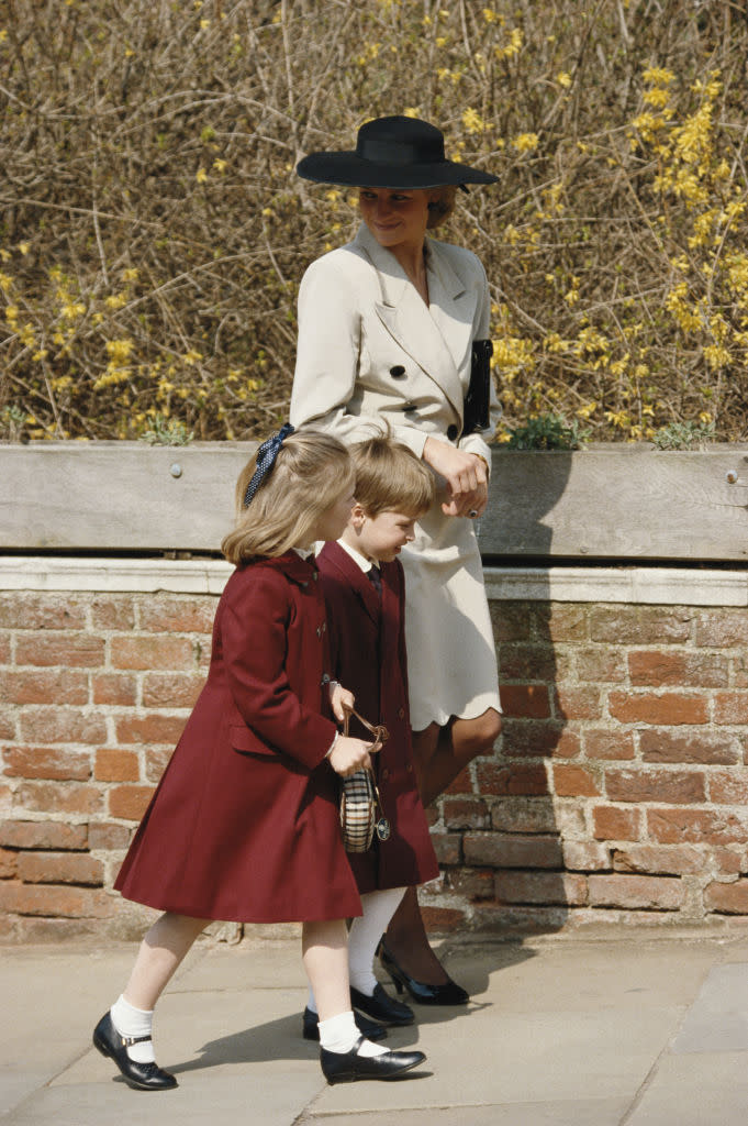 easter outfit fashion style, Zara Phillips with her cousin, Prince William, and his mother,  Diana, Princess of Wales (1961-1997), attending the Easter service at Windsor, Berkshire, England, Great Britain, 3 April 1988. (Photo by Tim Graham Photo Library via Getty Images