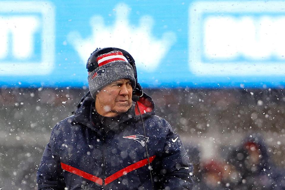 FOXBOROUGH, MASSACHUSETTS - JANUARY 07: New England Patriots head coach Bill Belichick looks on in the first half at Gillette Stadium on January 07, 2024 in Foxborough, Massachusetts. (Photo by Winslow Townson/Getty Images)