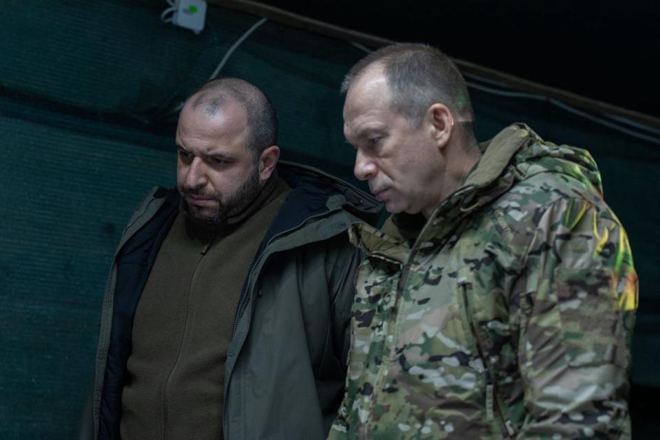 Defense Minister Rustem Umerov and Commander-in-Chief Oleksandr Syrskyi visit command posts near Avdiivka in Donetsk Oblast and Kupiansk in Kharkiv Oblast, Feb. 14, 2024. (Minister of Defense of Ukraine)