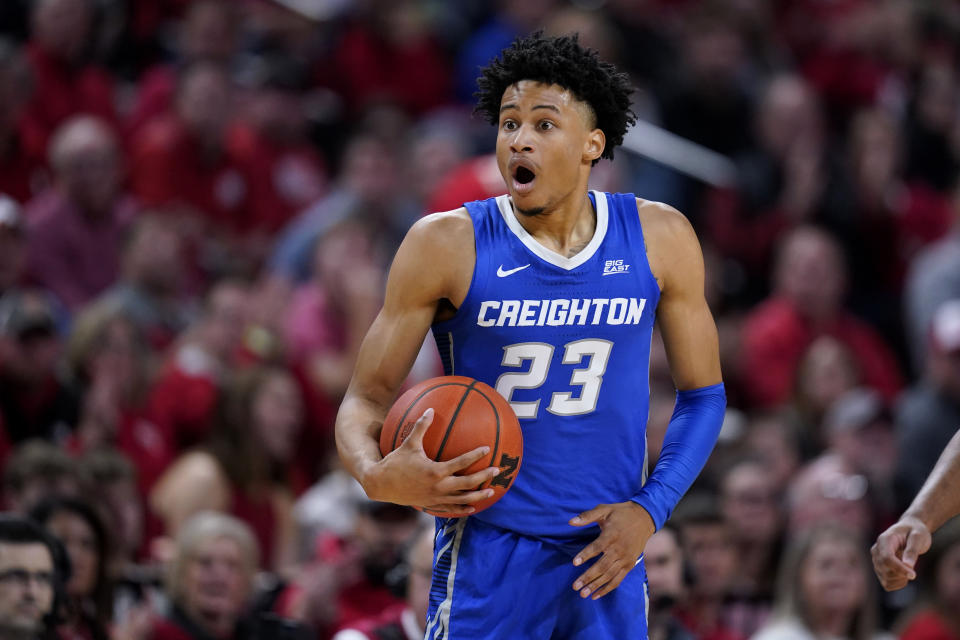 Creighton guard Trey Alexander reacts after a call during the first half of an NCAA college basketball game against Nebraska, Sunday, Dec. 3, 2023, in Lincoln, Neb. (AP Photo/Charlie Neibergall)