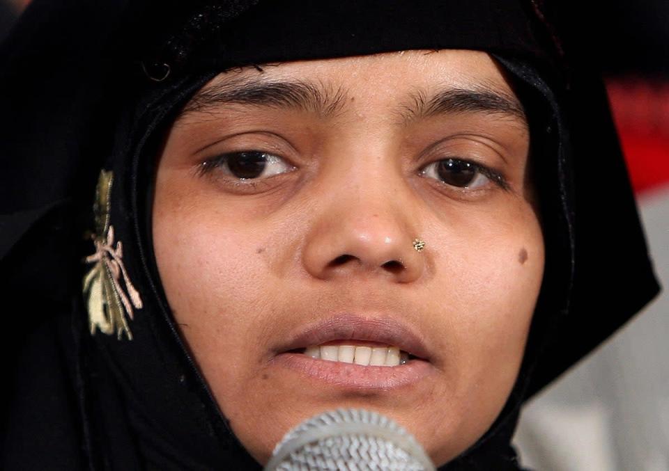File photo: Bilkis Bano, a housewife who was gang-raped during the 2002 Gujarat riots, addresses a media conference in New Delhi on 21 January 2008  (Manan Vatsyayana/AFP via Getty Images)