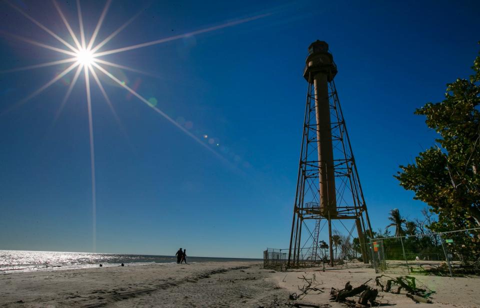 The Sanibel Lighthouse is still under repair Tuesday, Dec. 19 2023, after suffering the impacts from Hurricane Ian last year.