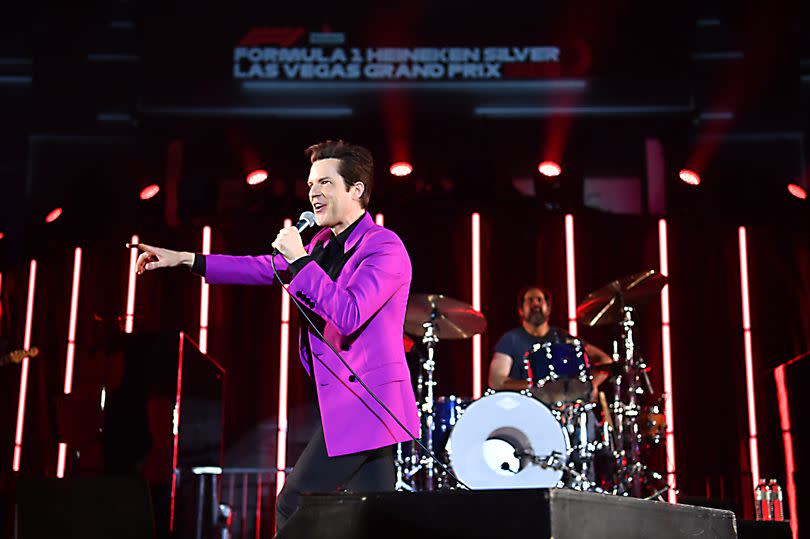 Singer Brandon Flowers and drummer Ronnie Vannucci Jr. of The Killers perform during the Formula 1 Las Vegas Grand Prix 2023 launch party