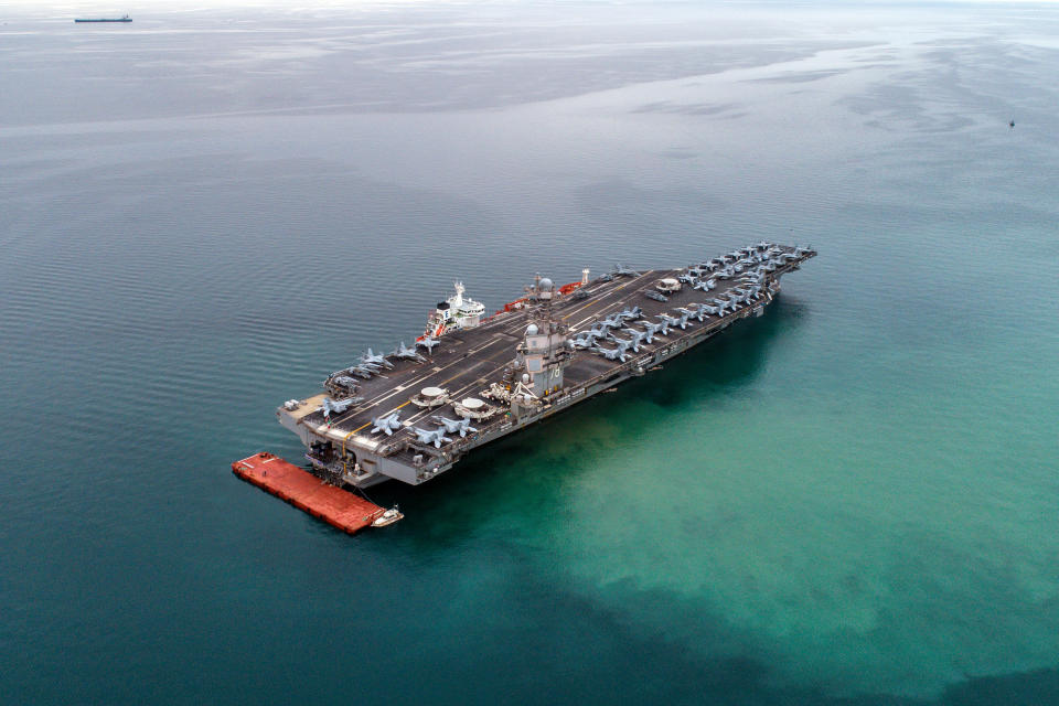 American aircraft carrier USS Gerald R. Ford is seen from the air anchored in Italy in the Gulf of Trieste on September 18, 2023. / Credit: Andrej Tarfila/SOPA Images/LightRocket via Getty Images