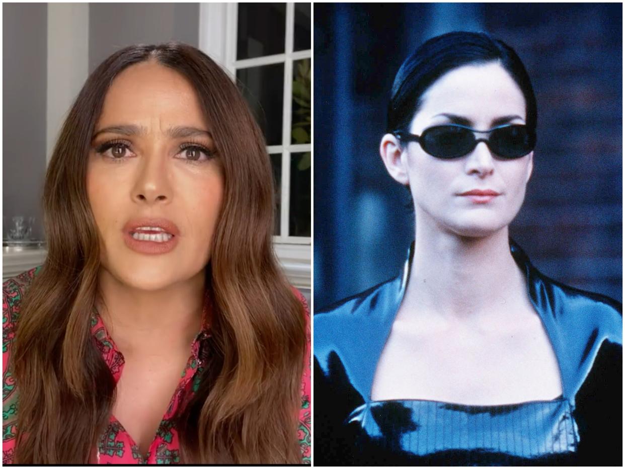 Salma Hayek on ‘Red Table Talk’ and Carrie-Anne Moss in ‘The Matrix' (Facebook/Warner Bros)