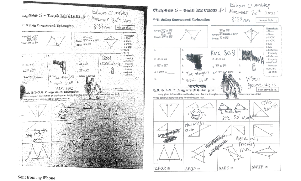 Drawings from an exhibit from a filing by the Oakland County Prosecutor’s Office in the case of James and Jennifer Crumbley, the parents of Oxford High School shooting suspect Ethan Crumbley. Prosecutors say Ethan made the drawing prior to the shooting.