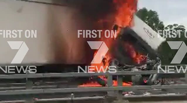 Images of the huge fire that broke out on the M1 southbound lane at Nerang. Source: 7 News.