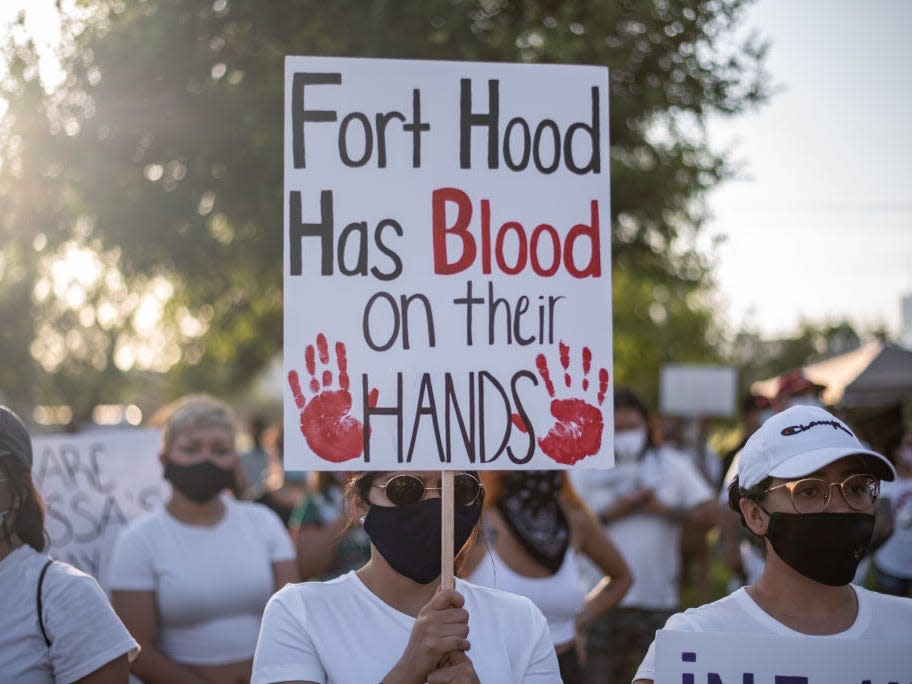 Protesters gather at a march and vigil for murdered Army Spec. Vanessa Guillen on July 12, 2020 in Austin, Texas.