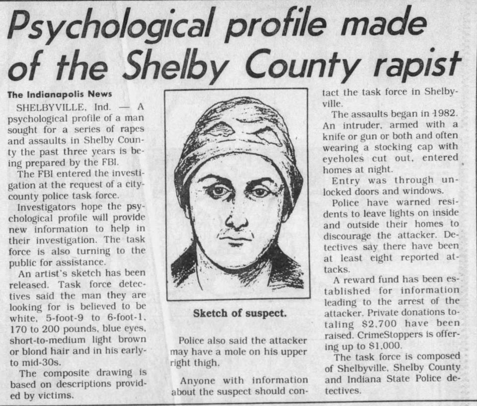 A newspaper clipping from the Indianapolis News shows a police sketch of the Shelby County rapist.