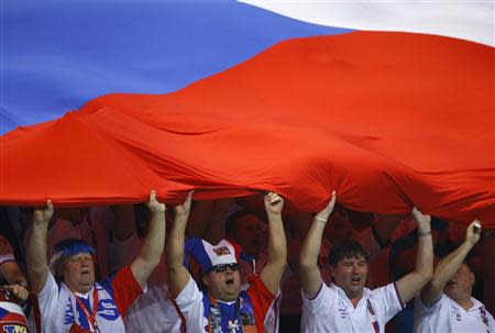 Czech Republic fans cheer as Serbia's Dusan Lajovic competes against Czech Republic's Radek Stepanek during their Davis Cup World Group final tennis match in Belgrade November 17, 2013. REUTERS/Marko Djurica