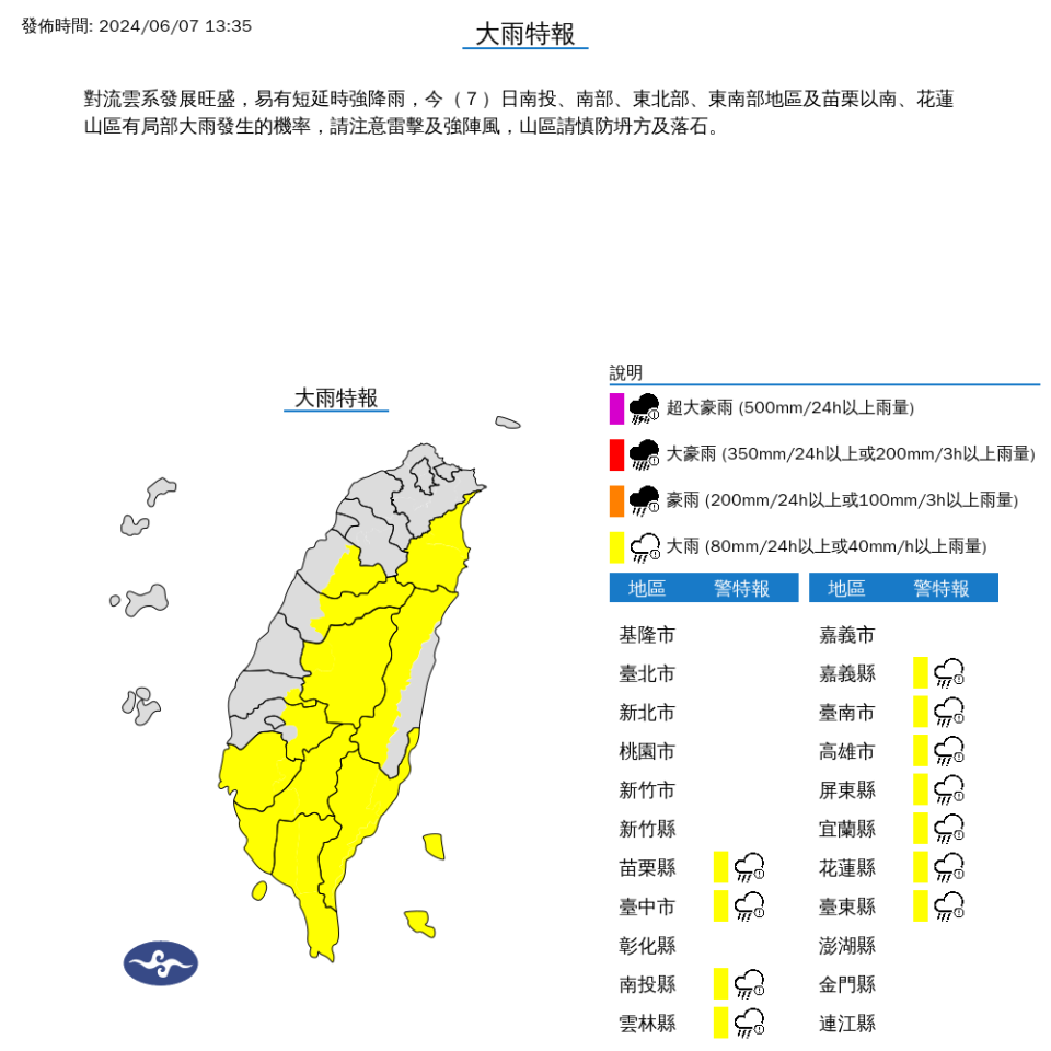 11縣市發布大雨特報。中央氣象署