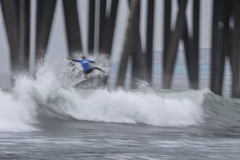Huntington Beach, CA, Sunday, Sept. 26, 2021 - Kanoa Igarashi competes in a quarterfinal heat at the US Open of Surfing at Huntington Beach. (Robert Gauthier/Los Angeles Times)