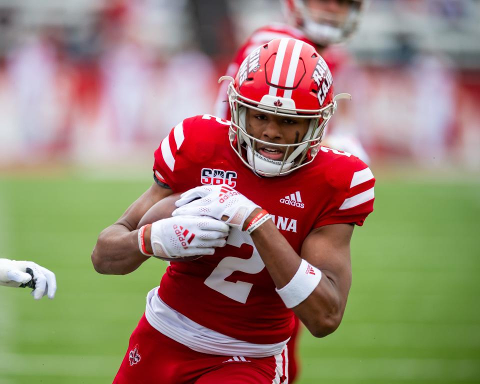 UL receiver Kyren Lacy, shown here scoring against UL Monroe in November, has entered the NCAA transfer portal.