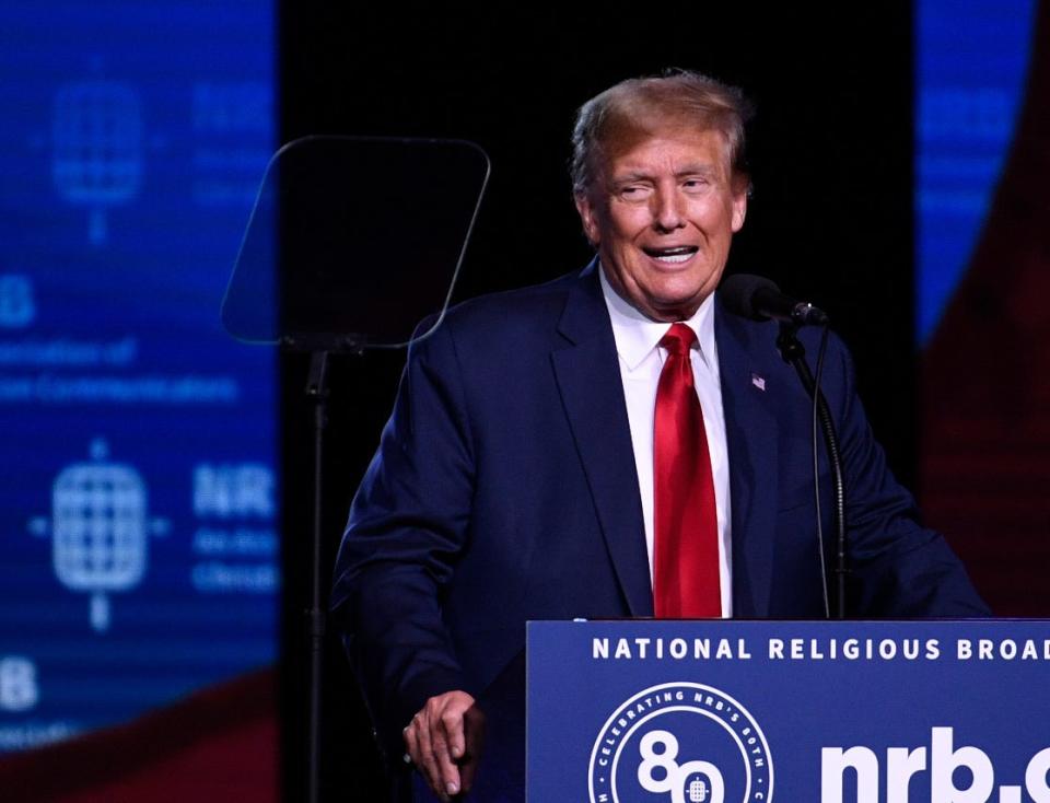 Former President Donald Trump addresses the 2024 NRB International Christian Media Convention sponsored by the National Religious Broadcasters association at the Gaylord Opryland Resort and Convention Center in Nashville, Tenn., Thursday night, February 22, 2024.