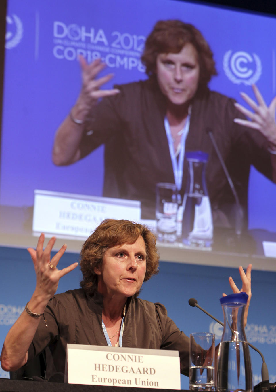 EU commissioner for Climate Action Connie Hedegaard speaks during a press conference in Doha, Qatar, Monday, Dec. 3, 2012. Highlighting a rift between the rich countries and emerging economies like China, New Zealand's climate minister staunchly defended his government's decision to drop out of the emissions pact for developed nations, saying it's an outdated and insufficient response to global warming. (AP Photo/Osama Faisal)