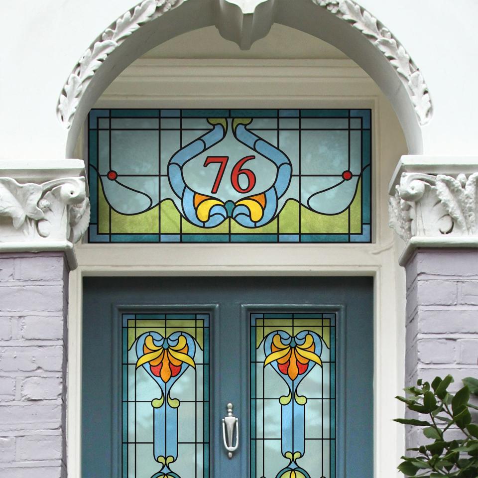 art deco house number, stained glasspurlfrost window film