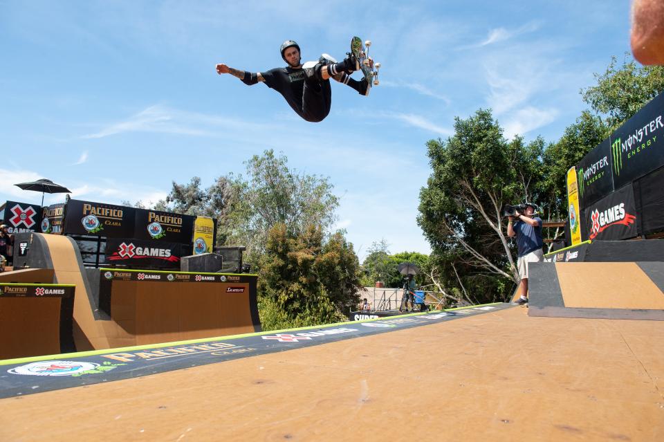 Elliot Sloan competes in the Skateboard Vert Finals at the 2022 X Games in his backyard MegaPark — the Sloanyard — in Vista.