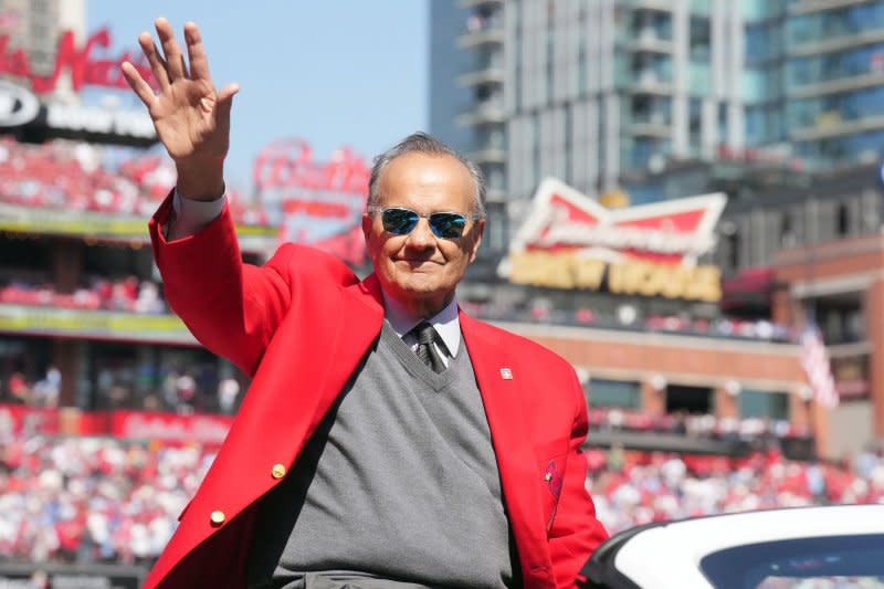 Joe Torre waves to fans before a game against the Toronto Blue Jays and St. Louis Cardinals at Busch Stadium in St. Louis on March 30. The baseball legend celebrates his 84th birthday on July 18. File photo by Bill Greenblatt/UPI