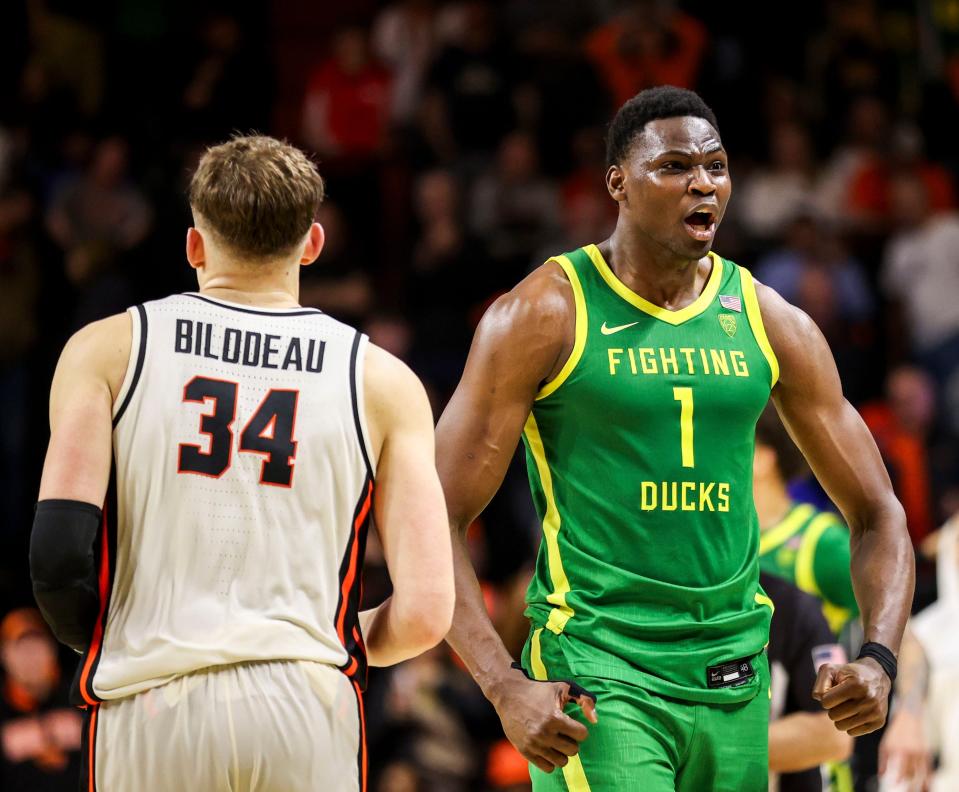 Oregon Ducks center N'Faly Dante (1) reacts after defeating the Oregon State Beavers on Saturday, Feb. 17, 2024 at Gill Coliseum in Corvallis, Ore. The final score of the game was 60-58.