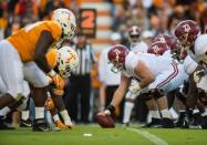 Oct 20, 2018; Knoxville, TN, USA; Tennessee Volunteers and Alabama Crimson Tide teams face off at at the line of scrimmage at Neyland Stadium. Mandatory Credit: Bryan Lynn-USA TODAY Sports