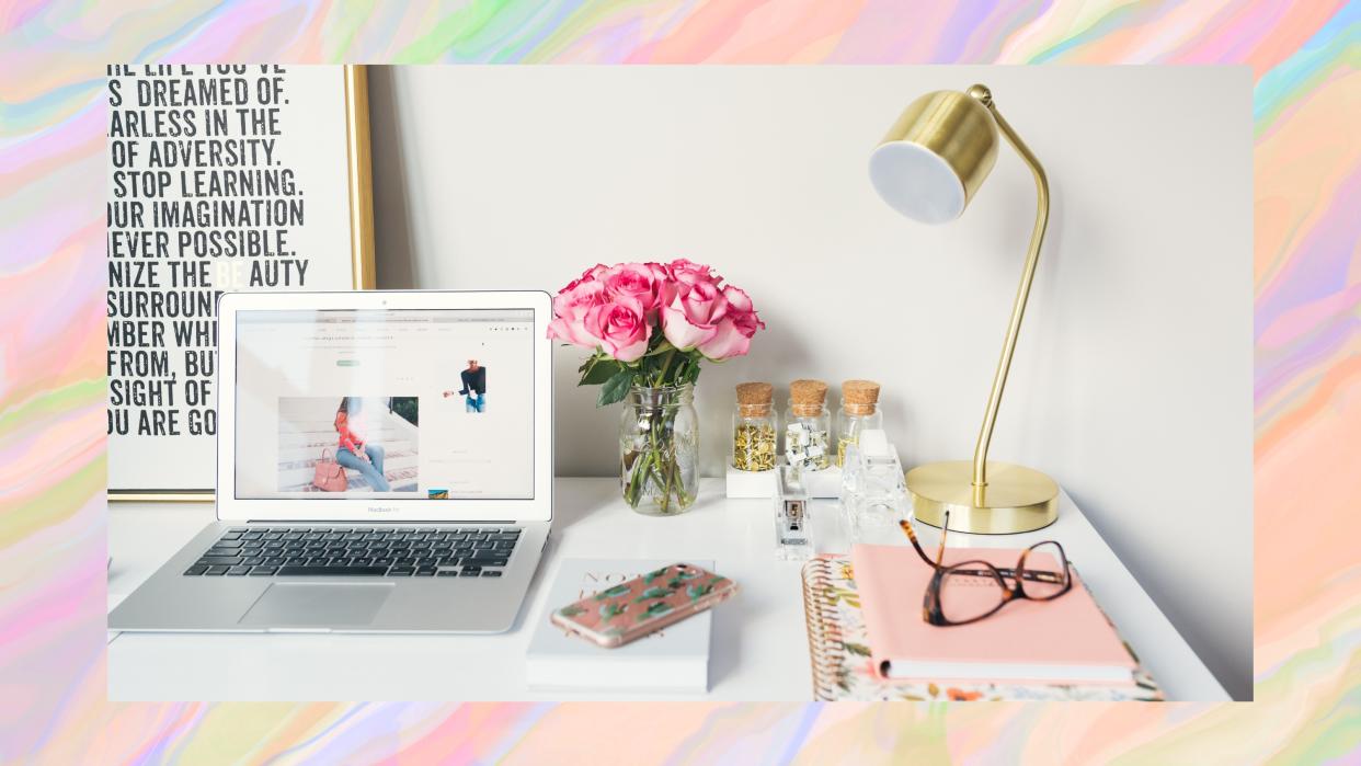  Clean desk on a rainbow background 