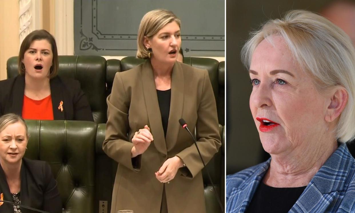 <span>Queensland health minister Shannon Fentiman, left, and the opposition’s Ros Bates, who shouted ‘cross your legs’ in parliament as Fentiman was speaking last week.</span><span>Composite: Queensland Parliament | AP via Reuters</span>