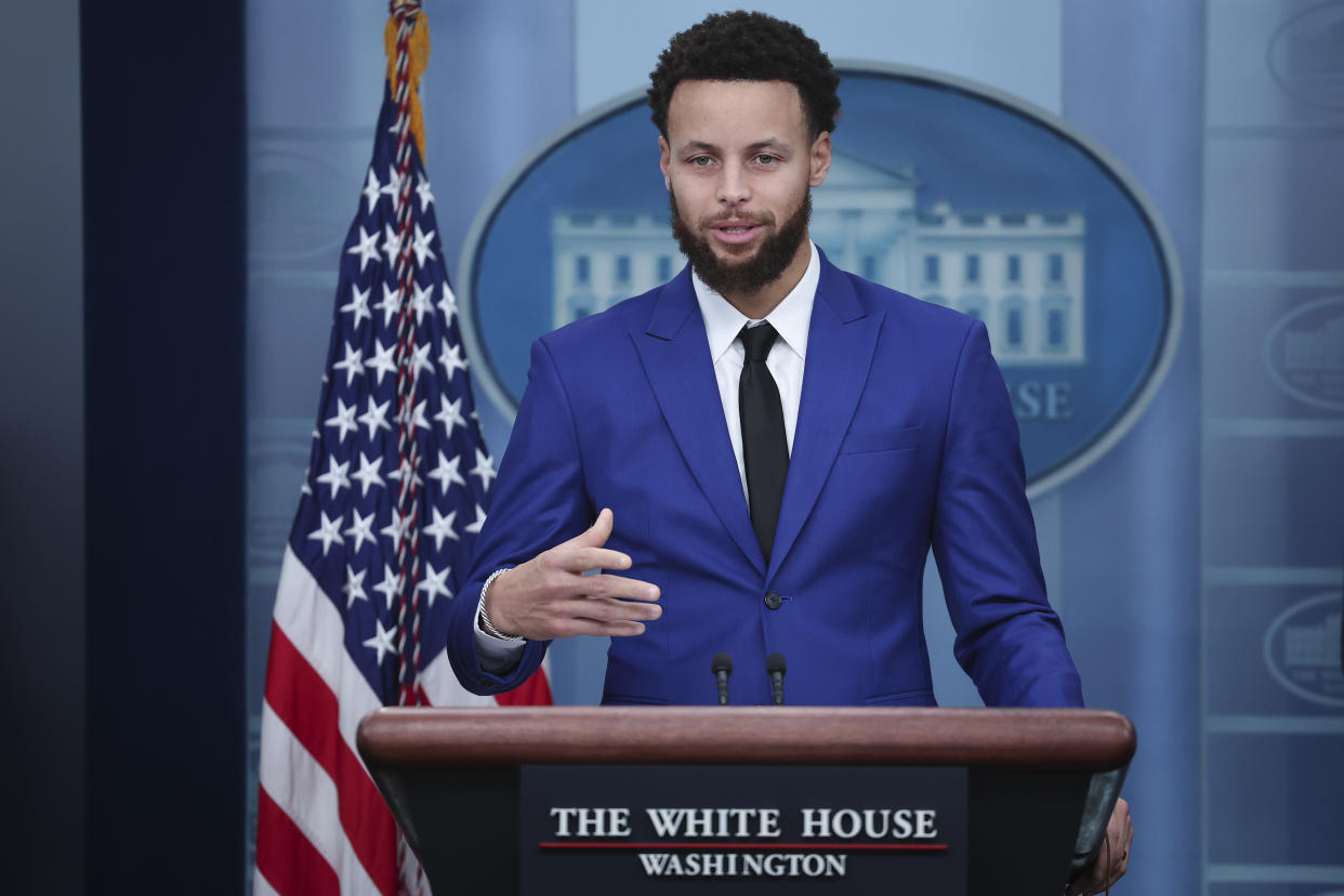 Steph Curry returned to the White House with the Warriors seven years after winning their first title. (Photo by Win McNamee/Getty Images)