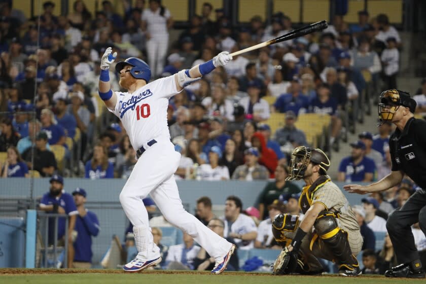 Los Angeles, CA, Thursday, June 30, 2022 -Dodgers third baseman Justin Turner hits his second homer.