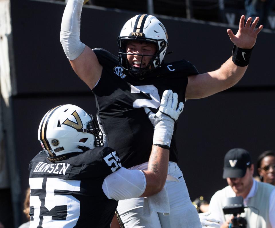 Vanderbilt ’s Diego Pavia celebrates after a touchdown during Saturday’s game between Vanderbilt and Virginia Tech at FirstBank Stadium in Nashville , Tenn., Saturday, Aug. 31, 2024.