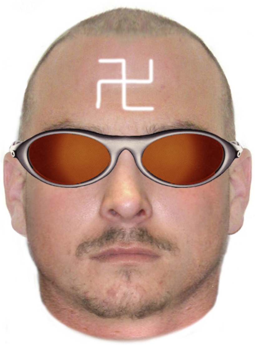 A computer-generated image of a man is pictured. He has a swastika painted on his head.