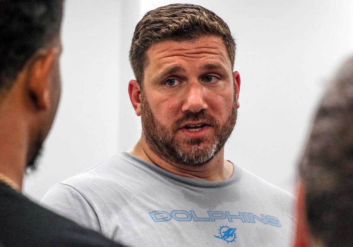 Miami Dolphins offensive line coach Matt Applebaum speaks to reporters after practice during Dolphins Rookie Minicamp at the Baptist Health Training Complex in Miami Gardens on Friday, May 13, 2022.