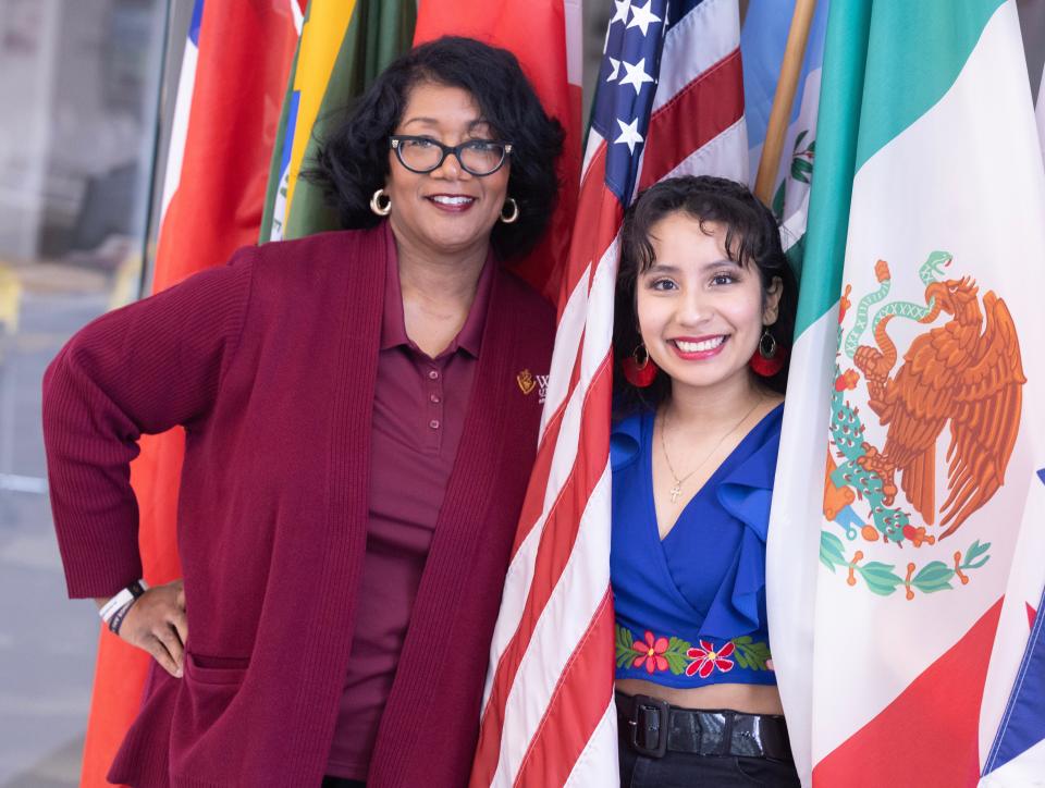 Edna McCulloh and the freshman student she mentors, America Villegas-Camacho, at Walsh University in North Canton.