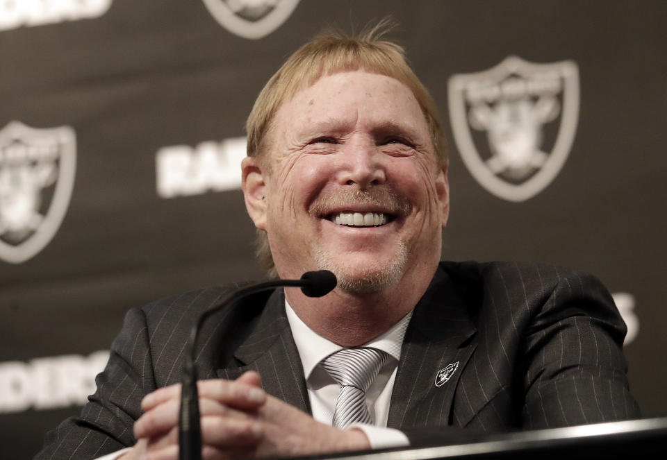 Las Vegas Raiders owner Mark Davis smiles at at a news conference introducing Mike Mayock as the team's general manager at the team's headquarters in Oakland, Calif., Monday, Dec. 31, 2018. (AP Photo/Jeff Chiu)