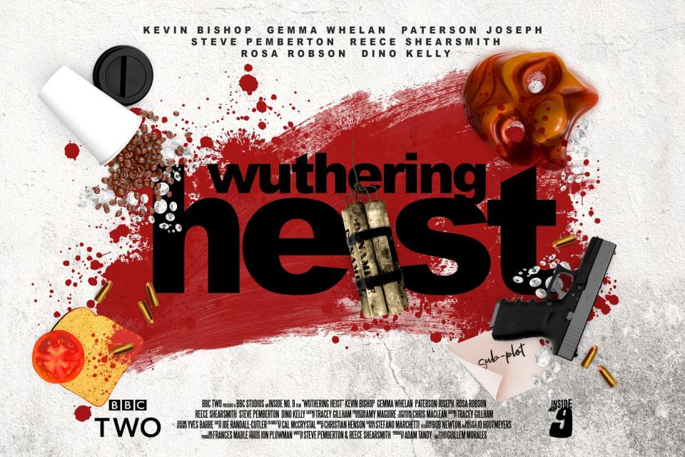 The poster for the Inside No. 9 episode "Wuthering Heist" has a font and layout reminiscent of the Reservoir Dogs poster, along with various objects such as a coffee cup with coffee beans pouring out, a Commedia dell'arte mask, an automatic pistol, a sandwich, and a bundle of dynamite.