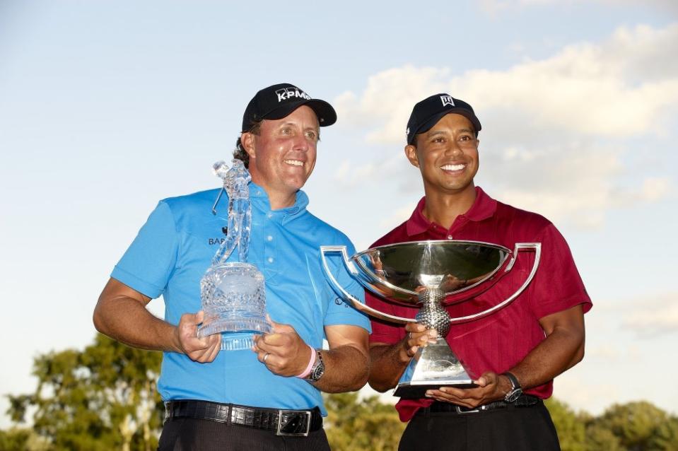 Golf: Tour Championship: Phil Mickelson victorious with Tour Championship trophy and Tiger Woods victorious with FedEx Cup trophy after Sunday play at East Lake GC. FedEx Cup. Atlanta, GA 9/24/2009 (Photo by Fred Vuich via Getty Images)