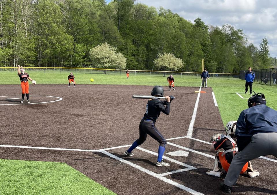 Seneca's Kendall Joint bats against Harbor Creek pitcher Alayna Mosbacher on Monday at Seneca High School's field. Seneca won 8-7.