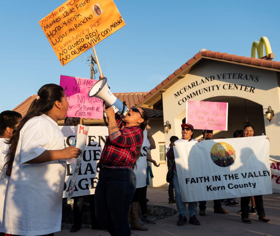 Protestors gather at McFarland Veterans Community Center and Council Chambers on Tuesday, February 18, 2020. They oppose a plan that would convert two state prison facilities into for-profit immigration detention centers. The planning commission met later that day to hear comment before voting on the matter.