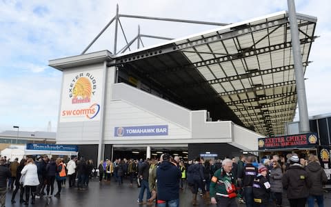 Two caravans, a motor home and three vehicles were first spotted in the grounds at Exeter Chiefs at Sandy Park early on Saturday morning  - Credit: PA