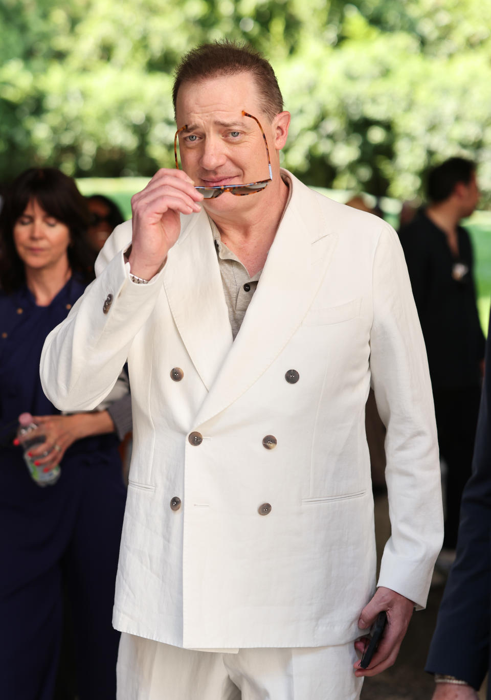 MILAN, ITALY - JUNE 19:  Brendan Fraser is seen arriving at the Giorgio Armani Spring/Summer 2024 fashion show during the Milan Fashion Week menswear spring/summer 2024 on June 19, 2023 in Milan, Italy. (Photo by Jacopo Raule/Getty Images)