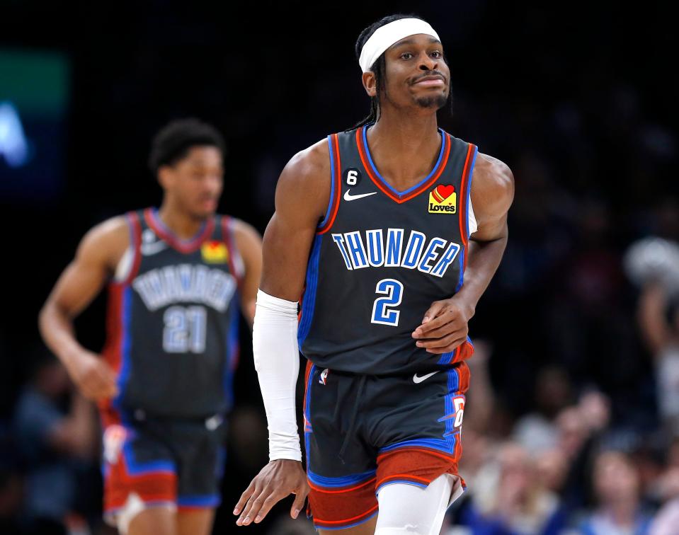 Oklahoma City's Shai Gilgeous-Alexander (2) reacts after a basket in the second half during the NBA basketball between the Oklahoma City Thunder and the Cleveland Cavaliers at the Paycom Center in Oklahoma City, Friday, Jan.27, 2023. 