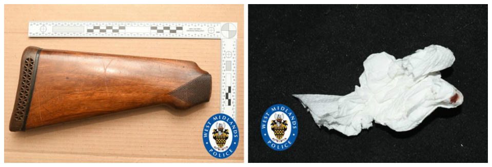 The shotgun butt, left, found at Blake's home and a tissue, right, which had his DNA on. (West Midlands Police)