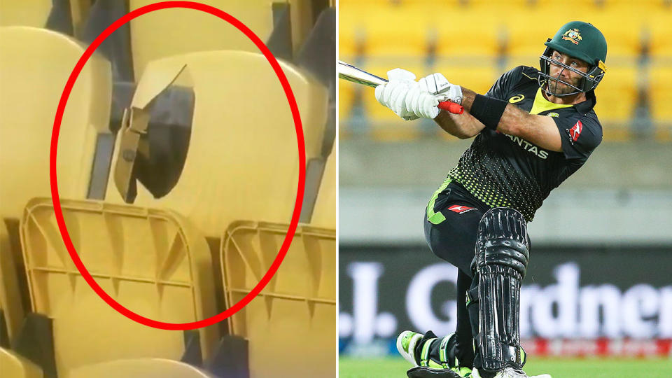 Pictured here, Glenn Maxwell smashing a boundary and a photo of a seat he destroyed in the stands.