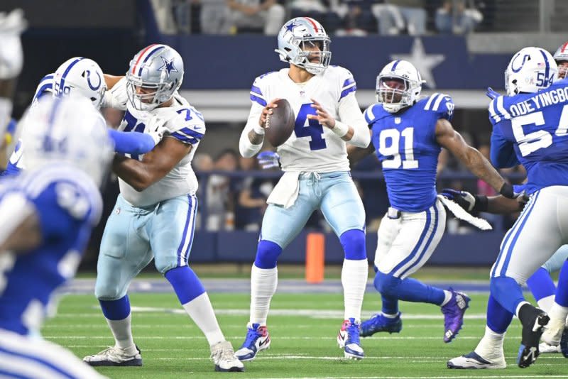 Dallas Cowboys quarterback Dak Prescott, who struggled with turnovers last season, will not get very many fantasy football friendly matchups in 2023. File Photo by Ian Halperin/UPI