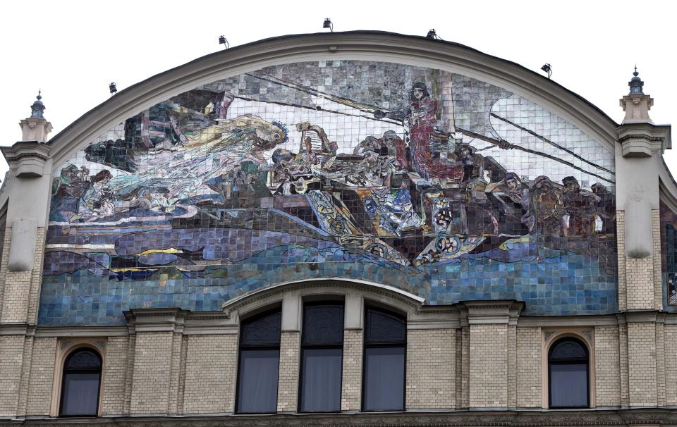 A mosaic depicting the Russian fairy tale Sadko decorates Moscow's Metropol Hotel on Thursday, Aug. 30, 2012. Over the past century, the Hotel Metropol has seen the extremes of Russian life, from austere revolutionary fervor to flashy pop indulgence. Now, at a starting price of 8.7 billion rubles ($272 million), the hotel is up for sale Thursday, auctioned off by the Moscow city government as part of its privatization program. (AP Photo/Alexander Zemlianichenko)