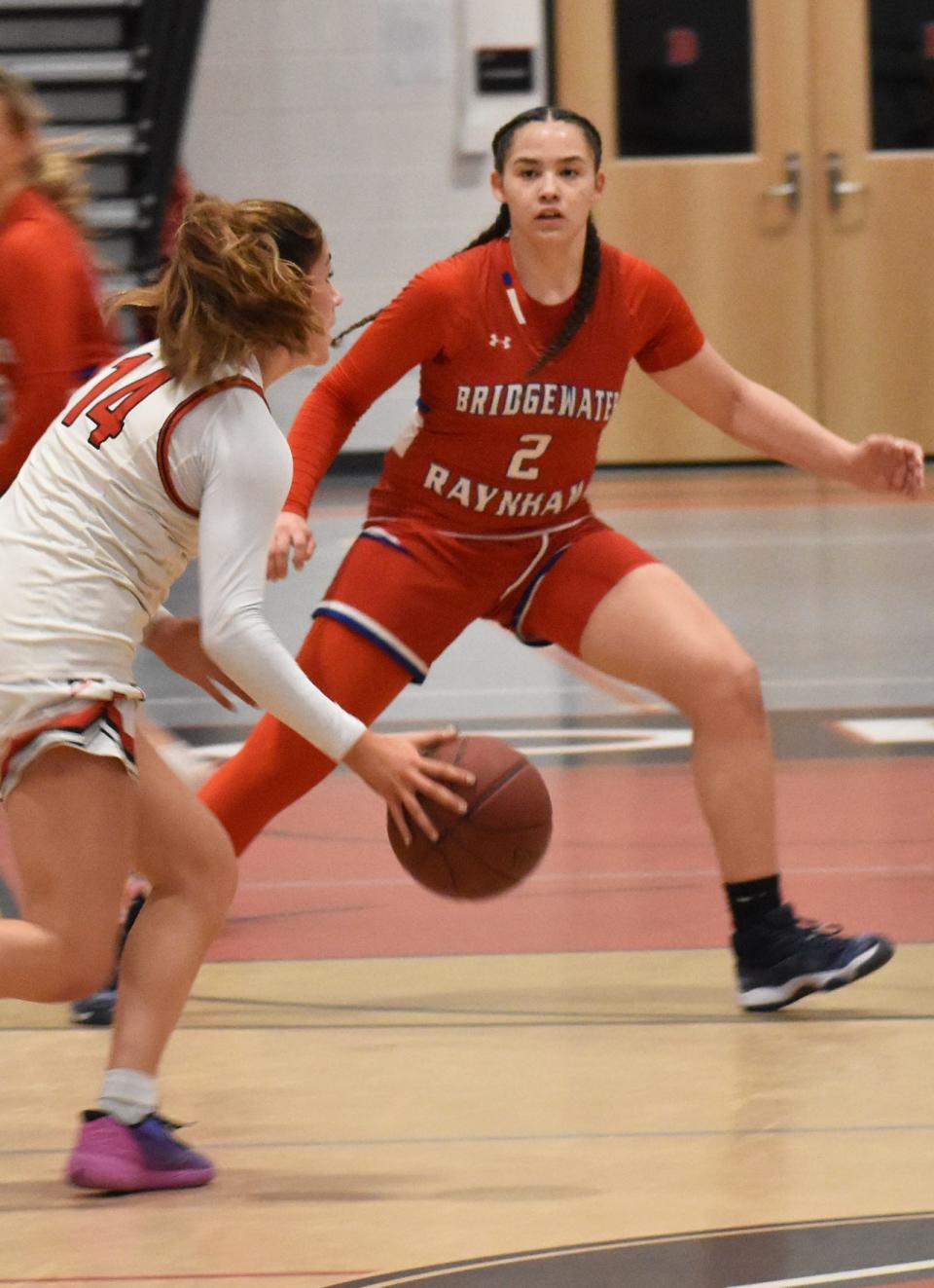 Bridgewater-Raynham's Natalia Hall-Rosa guards Durfee's Maggie O'Connell during Friday night's Southeast Conference showdown.